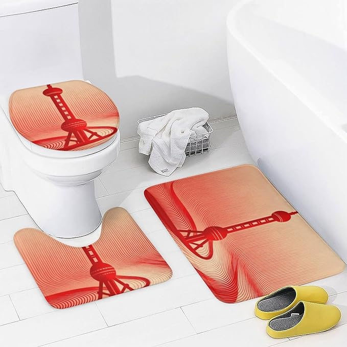 4 Piece Bathroom Rug Set with Shower Curtain, Non-Slip Bath Mat Toilet Cover Set, Tower Bathroom Rug Sets