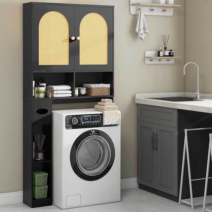 Over The Toilet Storage Cabinet, Wood Over Toilet Bathroom Organizer Cabinet with 2 Doors, Freestanding Home Space Save Toilet Rack for Restroom, Bathroom, Laundry, Black