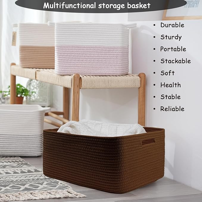COMFY-HOMI Cotton Rope Woven Basket with Handles for Shelves,Toys,Book, Cloth Storage Baskets for Organizing-17" x 13" x 7.5" Toy Decorative Organizer for Living Room, Bathroom （dark brown）