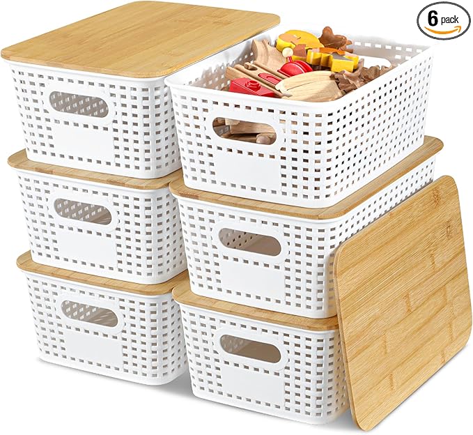 Plastic Storage Baskets with Bamboo Lids for Pantry Organization and Storage Containers Bins for Shelves Drawers Desktop Closet Playroom Classroom Office Home, 6 Pack,White