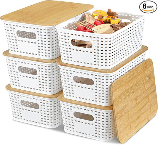 Plastic Storage Baskets with Bamboo Lids for Pantry Organization and Storage Containers Bins for Shelves Drawers Desktop Closet Playroom Classroom Office Home, 6 Pack,White