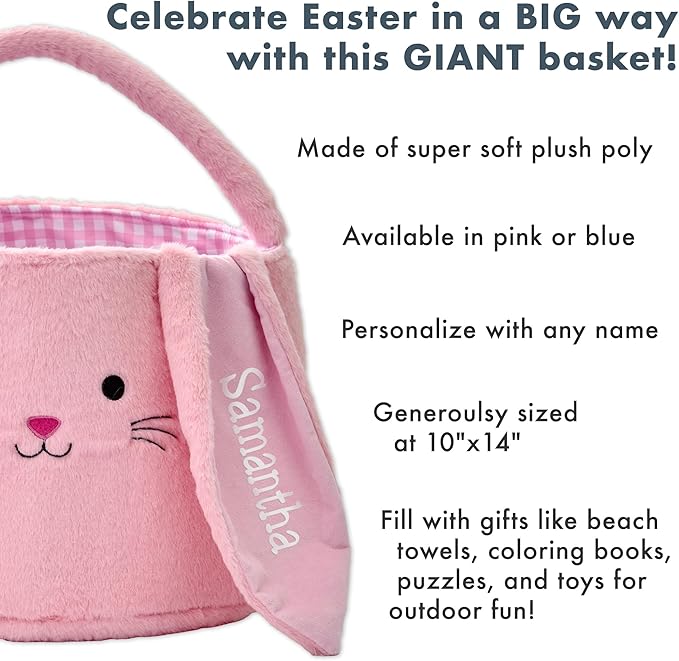 Let's Make Memories Personalized Easter Basket for Kids - For Boys - For Girls - Fillable - Easter Basket Stuffers - Oversized Plush Bunny - Pink