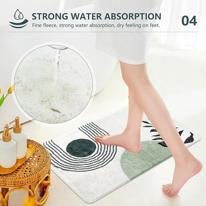 17"X24" Boho Bath Rugs for Bathroom Decor Non-Slip Bath Mat Absorbent Plush Microfiber Soft Carpet Machine Washable Bath Mat for Sink, Showers, Laundry Rooms, Living Room, Green