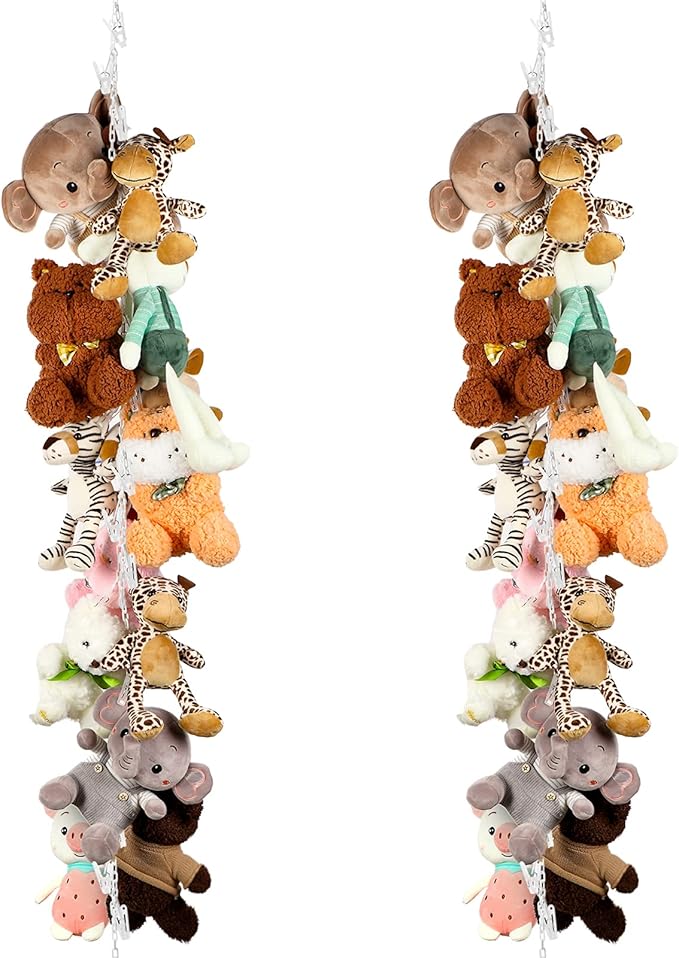 Hotop 2 Pcs Stuffed Animals Storage Chain Hanging Stuffed Animal Organizer with 40 Plastic Clips 79 Inch Plush Toys Holder with Hooks for Wall Bedroom Hanging Hat Socks Holiday Card (White)