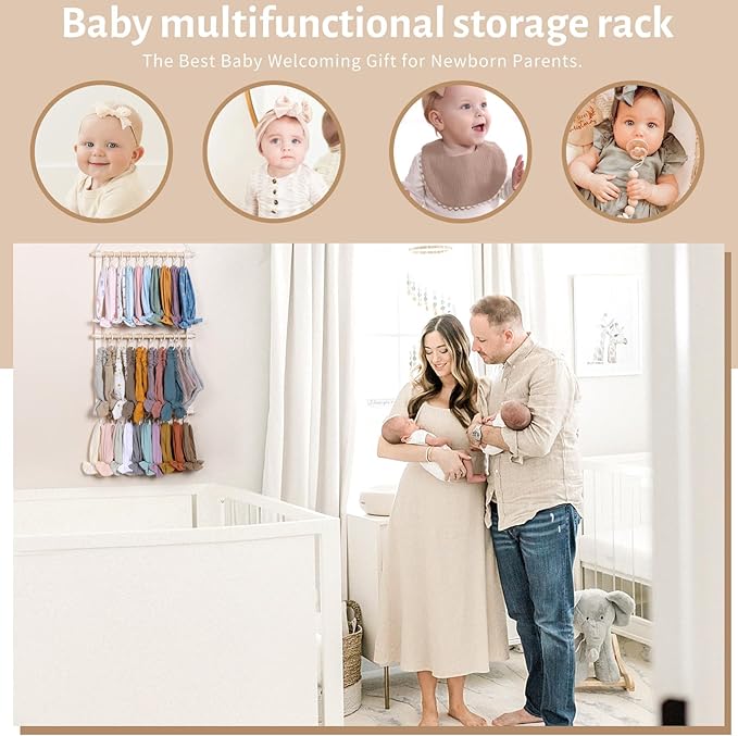 POVETIRE Headband Holder Head Bands Organizer for Girls, Baby Headbands Hair Accessories Organizer Storage Wall Hanging Decor for Nursery Toddler Girls Room… (Beige-2)