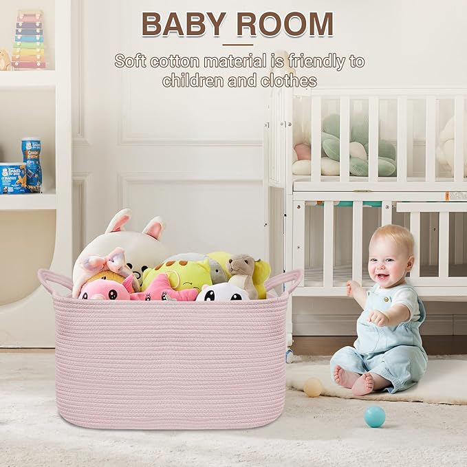 YOUDENOVA Nursery Storage Basket，21.6''×14.9''×11.8'' Rectangle Cotton Rope Blanket Basket, Nursery Laundry Hamper for Organizing，Toy Basket for Living Room, Bedroom Pink