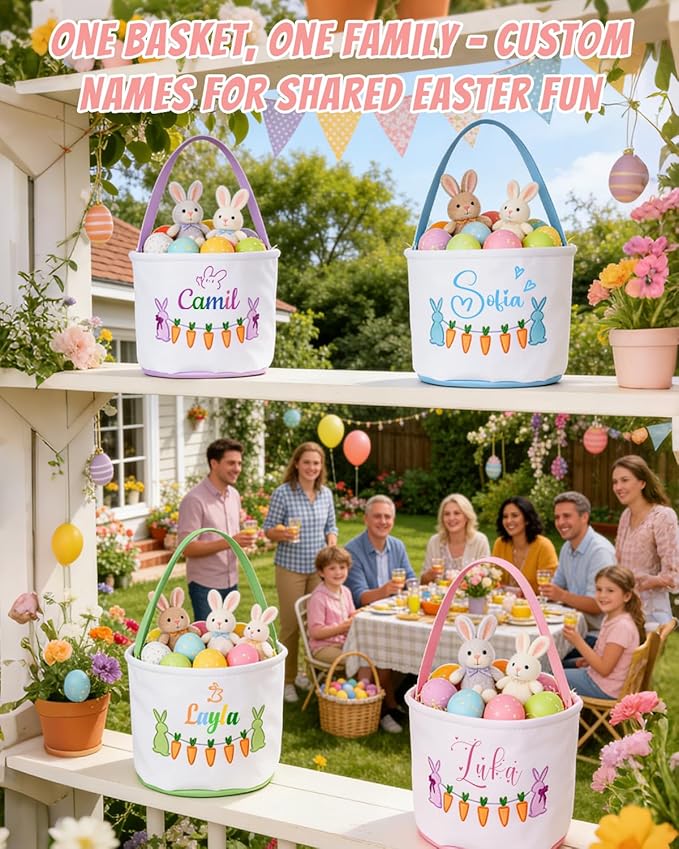 Personalized Embroidered Easter Basket for Kids - Custom Name Carrot Bunny Basket Bags, Perfect for Easter Egg Hunt, Gifts & Party Favors for Boys & Girls