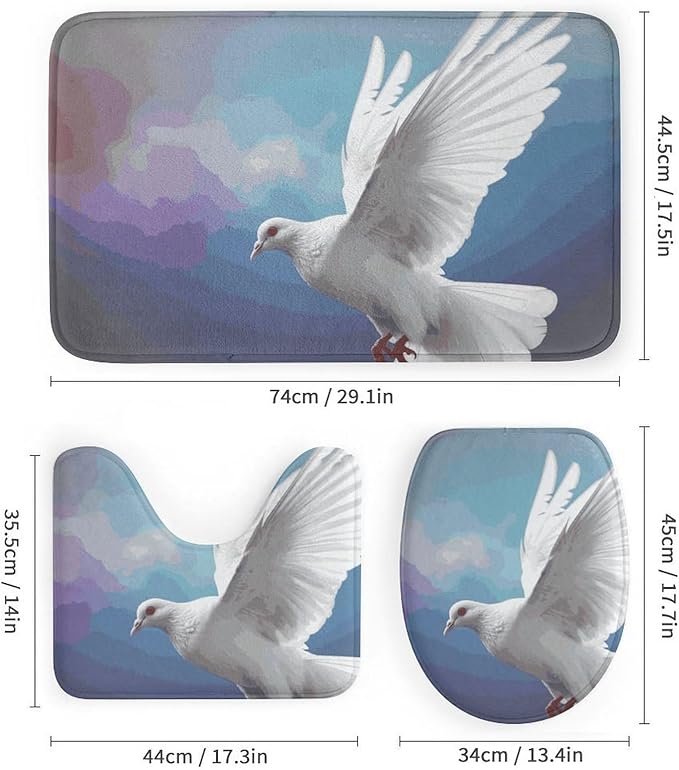4 Piece Bathroom Rug Set with Shower Curtain, Non-Slip Bath Mat Toilet Cover Set, Peace Dove Bathroom Rug Sets