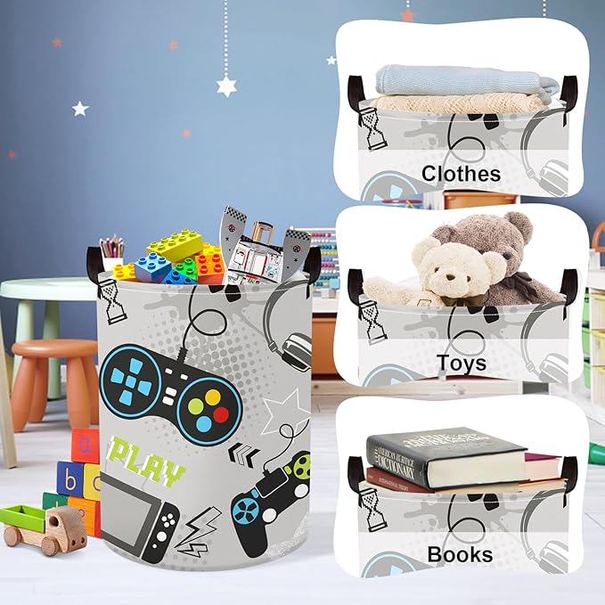 Clastyle Cool Game Storage Basket Kid Game Controller Clothes Laundry Hamper Collapsible Boy Toy Box for Nursery Palyroom,Gray,36 * 45 cm
