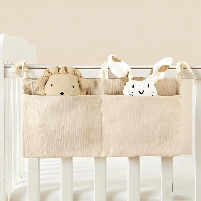 Muslin Cotton Baby Bedside Hanging Storage Bag, 2-Pocket Crib Diaper Caddy Organizer, Nursery Organization Holder for Cribs, Playard, Changing Table or Wall, Milk Bottle Bib Organizing Oatmeal