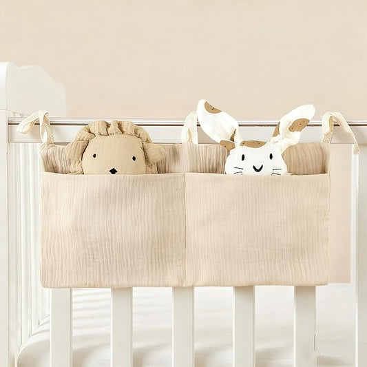 Muslin Cotton Baby Bedside Hanging Storage Bag, 2-Pocket Crib Diaper Caddy Organizer, Nursery Organization Holder for Cribs, Playard, Changing Table or Wall, Milk Bottle Bib Organizing Oatmeal