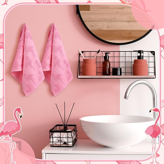 2pcs Flamingo Hand Towels for Bathroom 100% Cotton Jacquard Weave Bath Towel Set Absorbent Dish Washcloth for Bathroom Kitchen Tropical Summer Theme Gifts 13.8 x 29.5 Inch (Rose Pink)