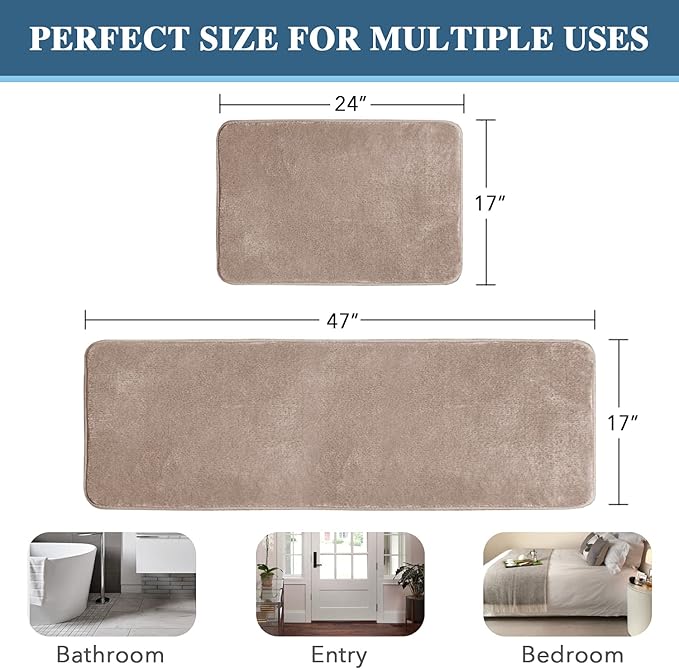H.VERSAILTEX Kitchen Mat 2 PCS Non Slip Memory Foam Flannel Velvety Kitchen Runner Rug Set for Floor Standing Rugs(47" x 17" + 24" x 17", Taupe)