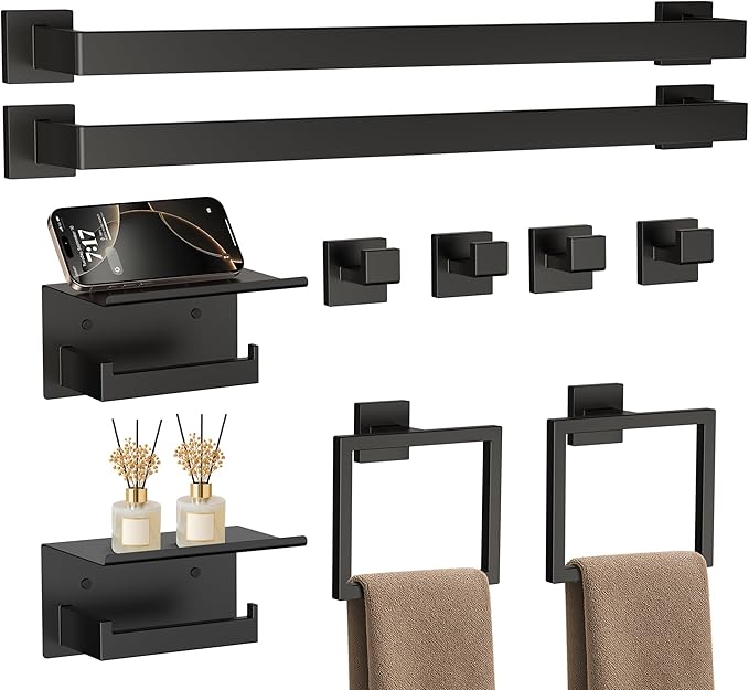 10-Piece 23.6 Inch Matte Black Bathroom Hardware Accessories Set, Bath Towel Bar Set, SUS304 Stainless Steel Toilet Paper Holder with Shelf, Towel Hooks, Towel Rings Wall Mounted
