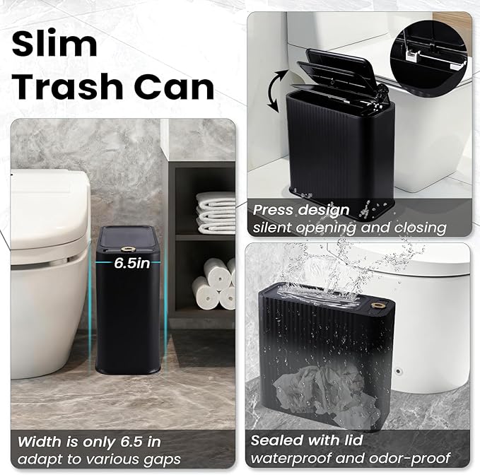 9-Piece Black & Gold Bathroom Set with Press-Top Slim Trash Can - Modern Bathroom Accessories Sets with Toilet Brush, Soap Dispenser, Toothbrush Set, Soap Dish & Apothecary Jars