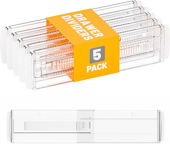 Yieach 5 Pack 3.2 Inch Shallow Acrylic Drawer Divider for Clothes -Expandable from 12.3-17''-Adjustable Dresser Drawer Divider for Baby Clothing,Underwear,Clear in Drawer Separators for Kitchen,Office