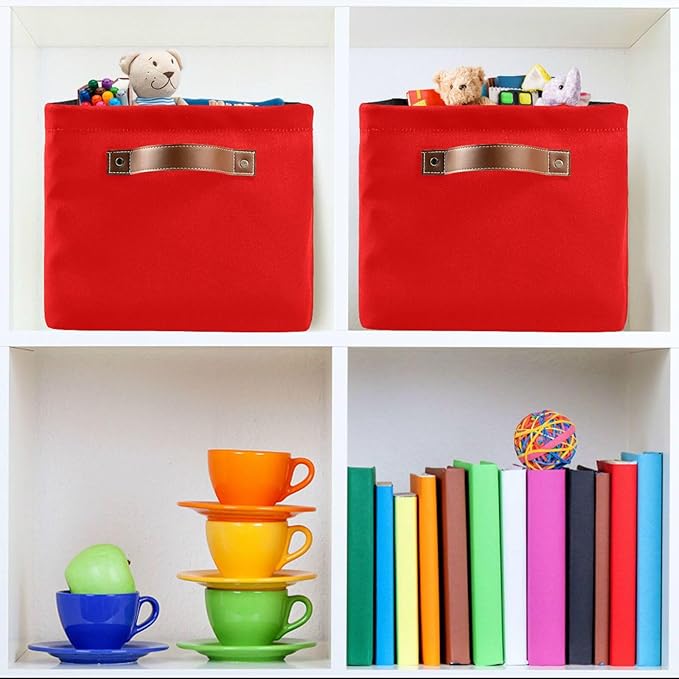 YETTASBIN Red Solid Color Storage Basket 2pc, Large Collapsible Toys Clothes Organizer, Durable Canvas Storage Bin with Handle for Shelves Closet Laundry Home Office Decor