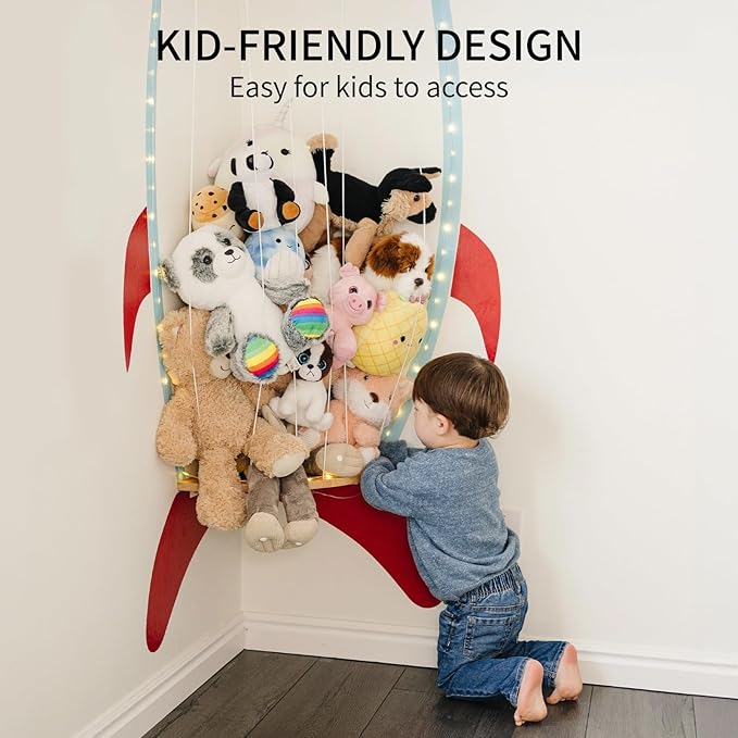 PUTSKA Nursery Furniture Hanging Organizer – Wall Mounted Stuffed Animal Storage for Baby Room, Corner Plush Collection Display & Nursery Organization System, Space-Saving Vertical Storage - Spaceship