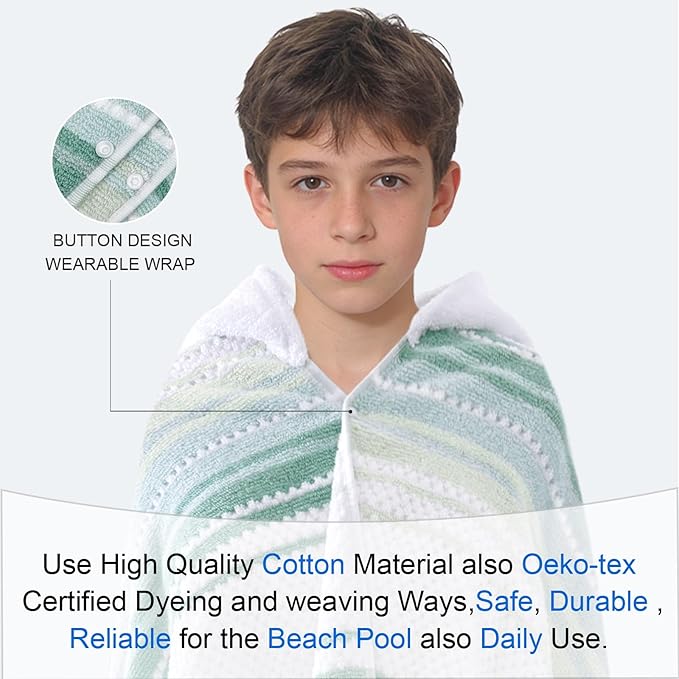 Hooded Bath Towel for Teens (6-12 Years,64"X33") | Soft Fluffy Quick Dry Absorbent 100%Cotton Thick Towel Wrap for Big Kids | Versatile Beach, Pool, Swim & Bath Cover-Up | Light Green Vertical Stripe