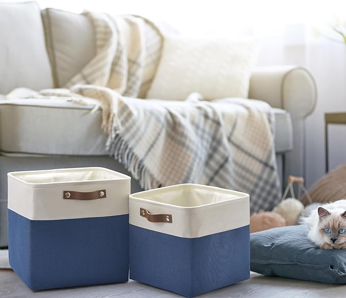 4-Pack Foldable Fabric Storage Cubes 11x11 Inch, Sturdy Cube Organizer Bins with Leather Handles, Storage Baskets for Closet Shelves and Home Organization(White/Blue)