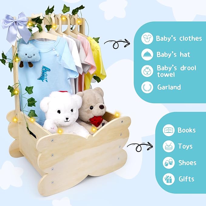Wooden Baby Shower Crate Closet, Baby Shower Basket with 8 kinds of Accessories Personalized Newborn Boys Girls Gifts, Storage Crate Gifts for New Parent Pregnancy