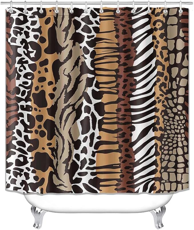 4PCS Leopard Print Shower Curtain Set, African Safari Stripes Tiger Zebra Crocodile Cow Cheetah Print Bathroom Decor, Waterproof Fabric Shower Curtain Non-slip Bath Mat Toilet Rug, Animal Skin