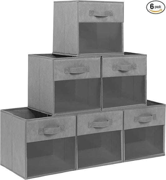 Storage Bins with Clear Window, 11x11 Storage Cubes, Collapsible Cube Storage Box, Fabric Closet Organizers with Handles for Home, Office, Shelf, Closets, Living Room, Grey, 6 Pack