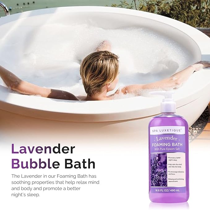 Spa Luxetique Bubble Bath, Foaming Bath with Epsom Salt, Chamomile Rose and Lavender Scent Bathing Set, 3 Pack 49.8 fl oz Christmas Gifts Set for Women and Men