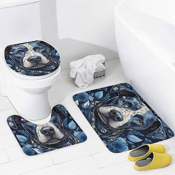 4Pcs Shower Curtain Set with Rugs Dog Wearing Scarf Bathroom Decor Set with Non-Slip Rugs Toilet Lid Cover and Bath Mat Pet Dog Lover Gift Funny Sayings Words Bathroom Shower Curtains Sets