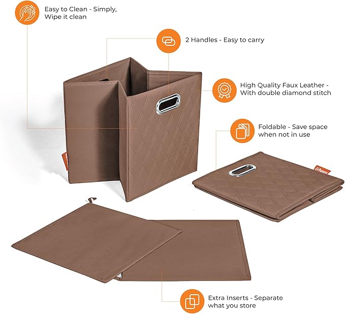 FH Group JIAessentials 12" Faux Leather Foldable Storage Cube Bins Set of 2 – Brown Diamond Patterned Organizers with Handles for Closet & Shelves