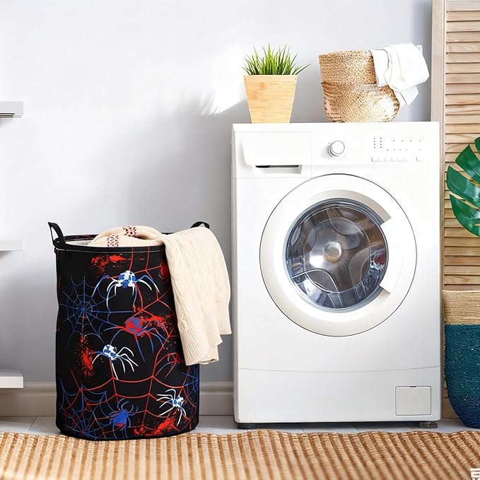 2 Pcs Spider Laundry Hamper Basket Spider Bedroom Decor Large 17.3 x 13.8 Inch Round Collapsible Toy Storage Organizer Basket with Waterproof Layer for Closet Playroom Nursery Toy Dirty Cloth