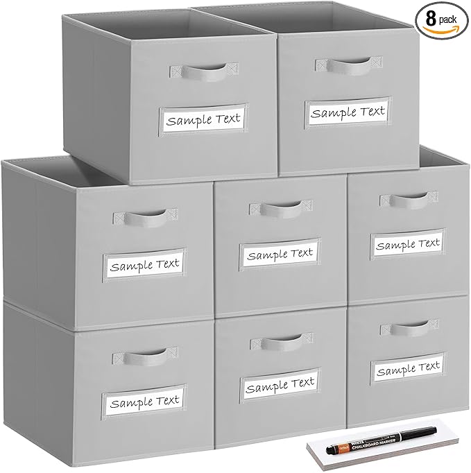 artsdi Fabric storage cubes (8 Pack) 13 Inch Cube Storage Bin, cube organizer bins with 8 Labels Window Cards & a Pen, Foldable cube organizer bins and Storage Box, Light Grey