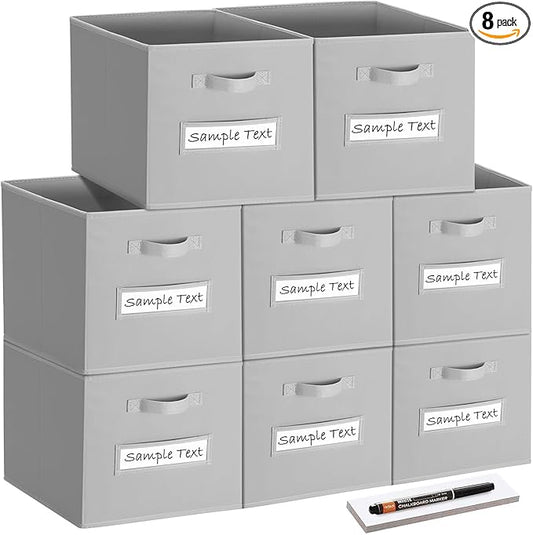 artsdi Fabric storage cubes (8 Pack) 11 Inch Cube Storage Bin, cube organizer bins with 8 Labels Window Cards & a Pen, Foldable cube organizer bins and Storage Box, Light Grey