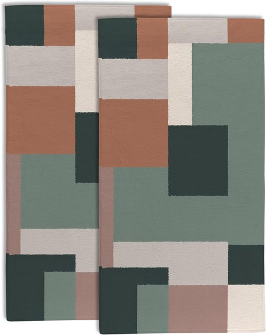 Green Orange Beige Geometric Hand Towel for Bathroom Set of 2,Boho Abstract Minimalist Checkered Art Bathroom Hand Towel,Soft Absorbent Decorative for Hotel Home Decor