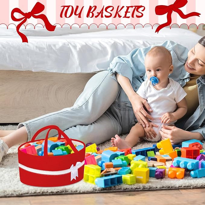 Yinkin 1 Pcs Valentine's Day Woven Large Storage Basket with Handles and Removable Divider Gift Baskets with Bow for Closet Bedroom Nursery Toys Organizing, 14.17 x 8.66 x 7.09 Inches(Red and White)