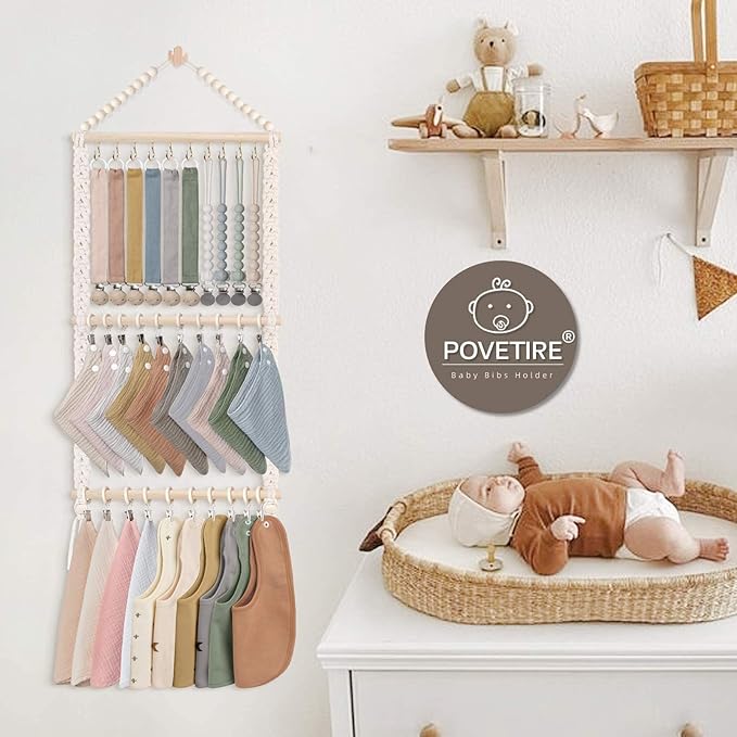 POVETIRE Pacifier Clip Holder Baby Bibs Organizer, Neutral Baby Bandana Drool Bibs Holder - Baby Burp Cloths Organizer Storage Hanging Wall Decor for Nursery Newborn Infant Girls and Boys Room
