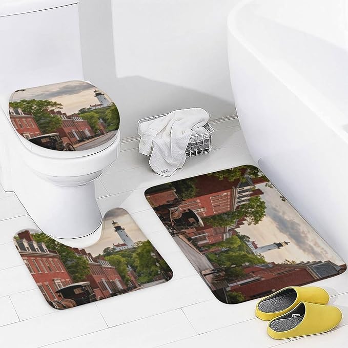 4 Piece Bathroom Rug Set with Shower Curtain, Non-Slip Bath Mat Toilet Cover Set, Lighthouse Hill Bathroom Rug Sets