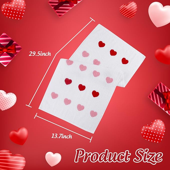 2 Pack Valentine's Day Hand Towels Red White Pink Heart 3D Embroidered Farmhouse Bathroom Decorative Towels Set for Drying, Cleaning, Cooking, Holiday 13.7'' x 29.5''