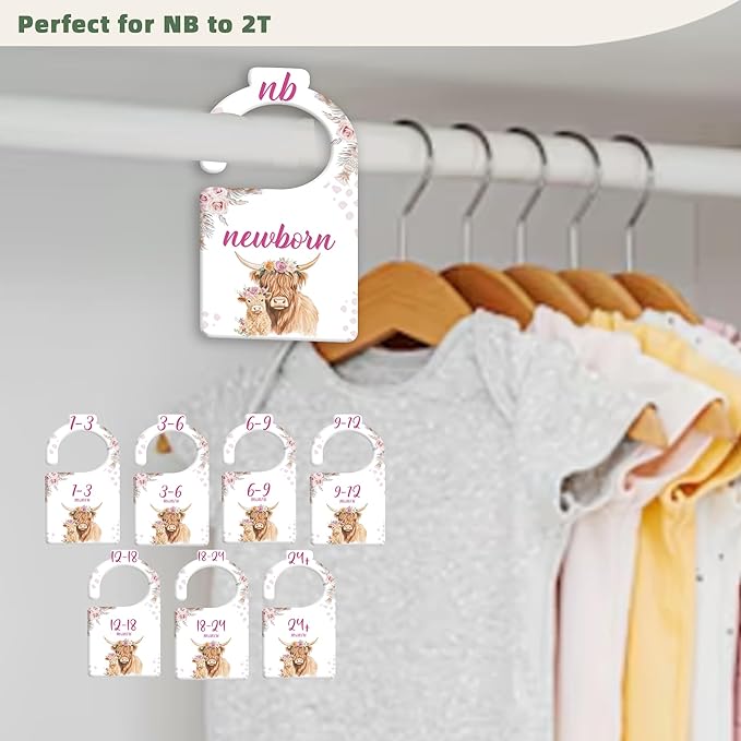 JMOST Hightland Cow Baby Closet Dividers for Nursery Closet Organizer, Newborn to 24 Months Size Clothes, Boho Hangers with Size Dividers, Double Sided