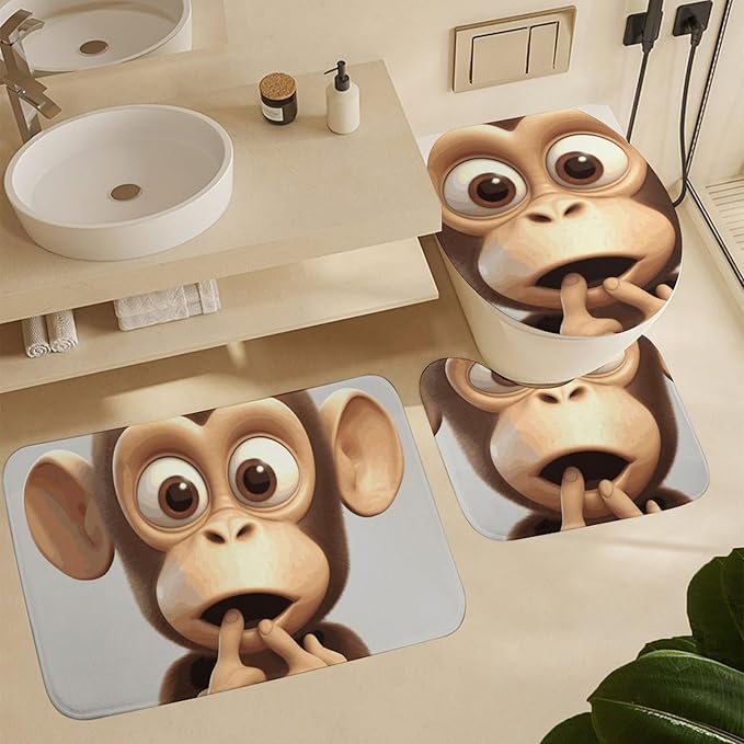 4 Piece Bathroom Rug Set with Shower Curtain, Non-Slip Bath Mat Toilet Cover Set, The Silent Monkey Bathroom Rug Sets