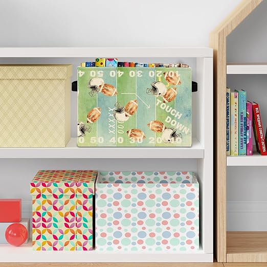 Football Storage Bins Box with Handles, Gifts for Football Players Lovers, Sports Field Laundry Basket Hamper Collapsible Clothes Toys Organizer for Kids Boys Bedroom Playroom
