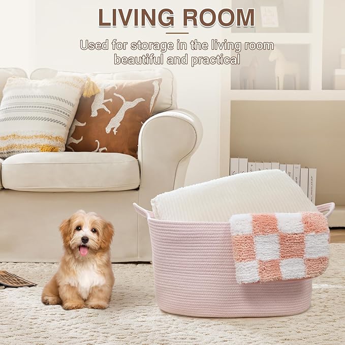 YOUDENOVA Nursery Storage Basket，21.6''×14.9''×11.8'' Rectangle Cotton Rope Blanket Basket, Nursery Laundry Hamper for Organizing，Toy Basket for Living Room, Bedroom Pink