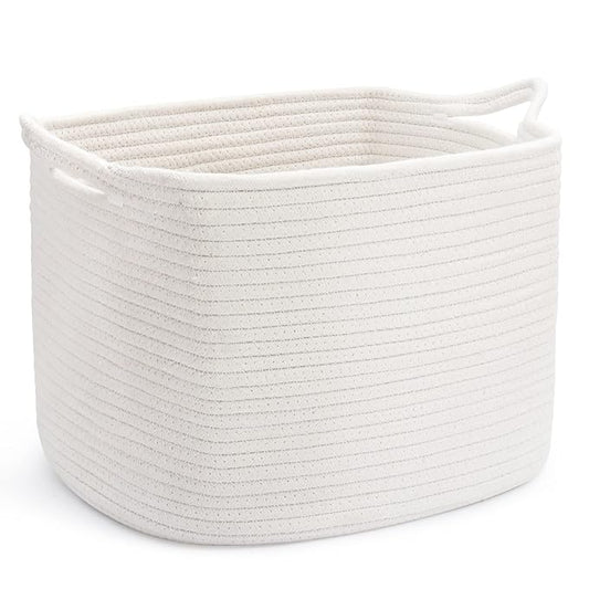 ABenkle Cotton Rope Storage Basket, Decorative Organizer with Handles, Rectangle Baby Nursery Baskets for Shelves Closet, 13.5x11x9.5-Inches, White