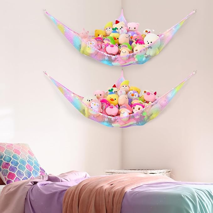 Basumee Stuffed Animals Net or Hammock with LED Light Hanging Toy Net Hammock for Stuffed Animals Storage Stuff Animals Hammocks for Nursery Room with Remote Control, 8 Kinds of Lights(Pack of 2)