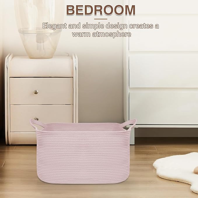 YOUDENOVA Nursery Storage Basket，21.6''×14.9''×11.8'' Rectangle Cotton Rope Blanket Basket, Nursery Laundry Hamper for Organizing，Toy Basket for Living Room, Bedroom Pink