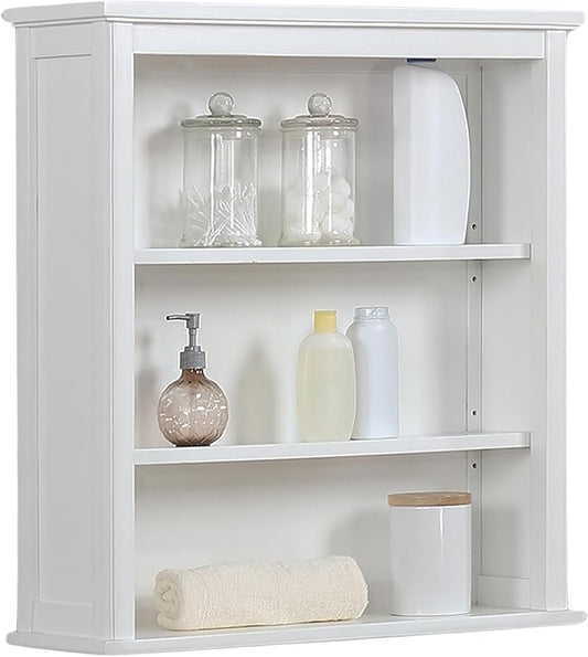 Dorset Wall Mounted Bath Storage Cabinet, 27 in. W x 29 in. H, White, Two Open Shelves, Zinc Metal Hinges, Easy Mount French Cleat System, Ideal for Bathroom Organization and Space Saving