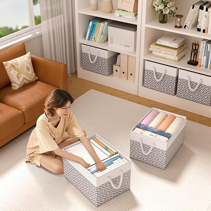 Storage Bins, 2-Pack Large Storage Box with Rope Handles, Collapsible Storage Basket for Organizing Books, Clothes, Rhombic Grey