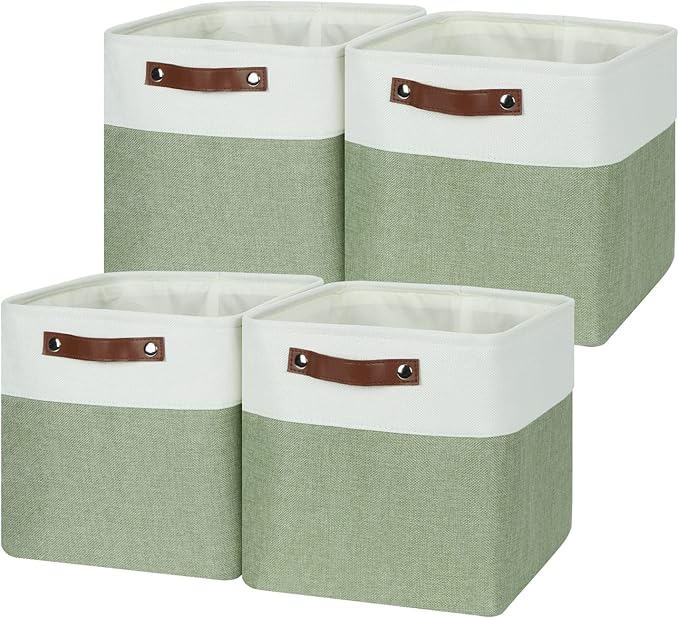 Temary Storage Baskets for Shelves 11 Inch Fabric Cube Storage Bins 4Pack Storage Cubes Fabric Storage Baskets for Organizing, Clothes, Decorative Cube Baskets with Handles (White&Green)