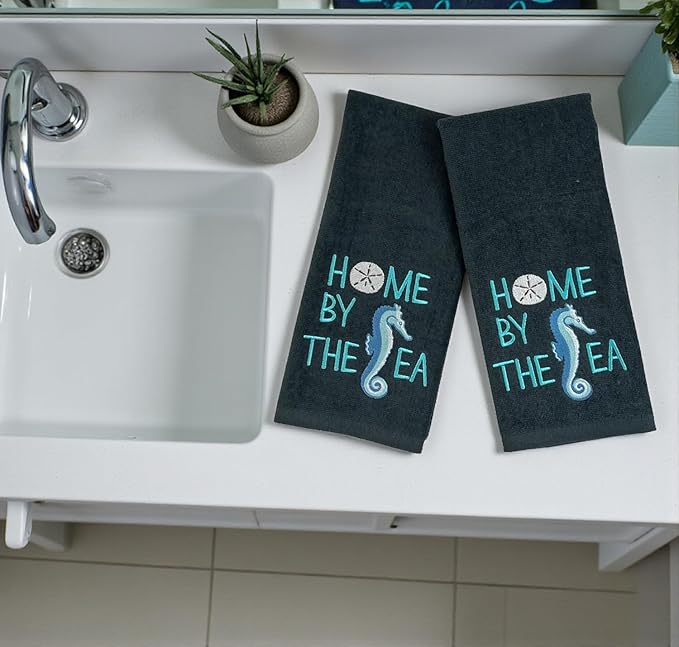 Home by The Sea Embroidered Seahorse Guest Hand Bath Towels, 2 Piece Set, 100% Cotton, Dark Gray