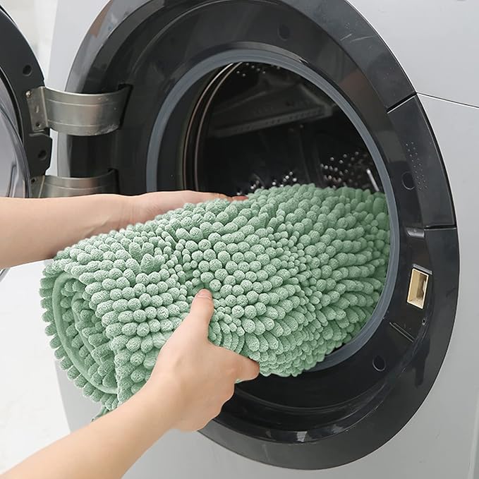 ACCUMTEK Christmas Striped Sage Green Toilet Bathroom Rug Mat Set 2 Piece Rug Ultra Soft, Non Slip Chenille Bath Rugs, Absorbent Plush Shaggy Bath Mats for Bathroom, Bedroom, Kitchen, Shower, Tub